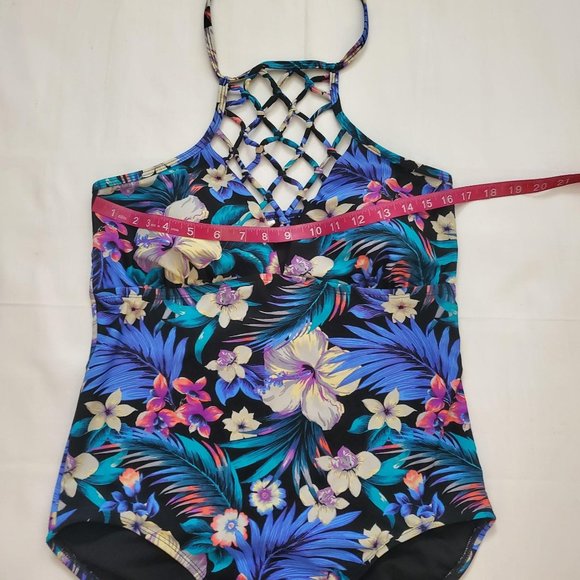 Tahiti Women's Blue/Multi One-Piece Lattice Front Halter Floral Swimsuit M(8-10) - Picture 13 of 14